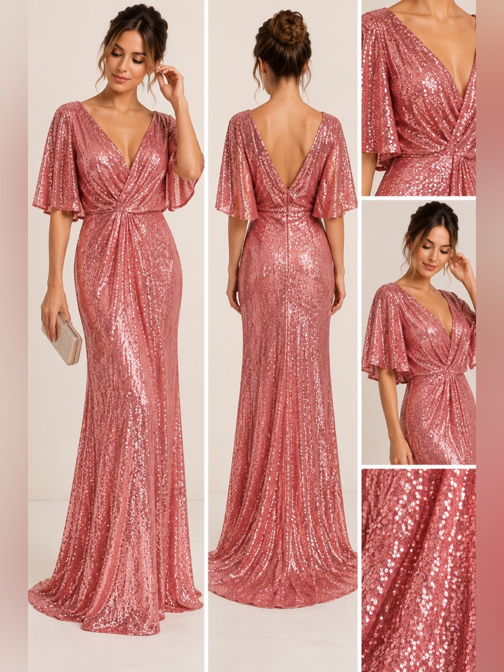 Pink Sequin Flutter Sleeve Formal Prom Maxi Gown Dress Size 10